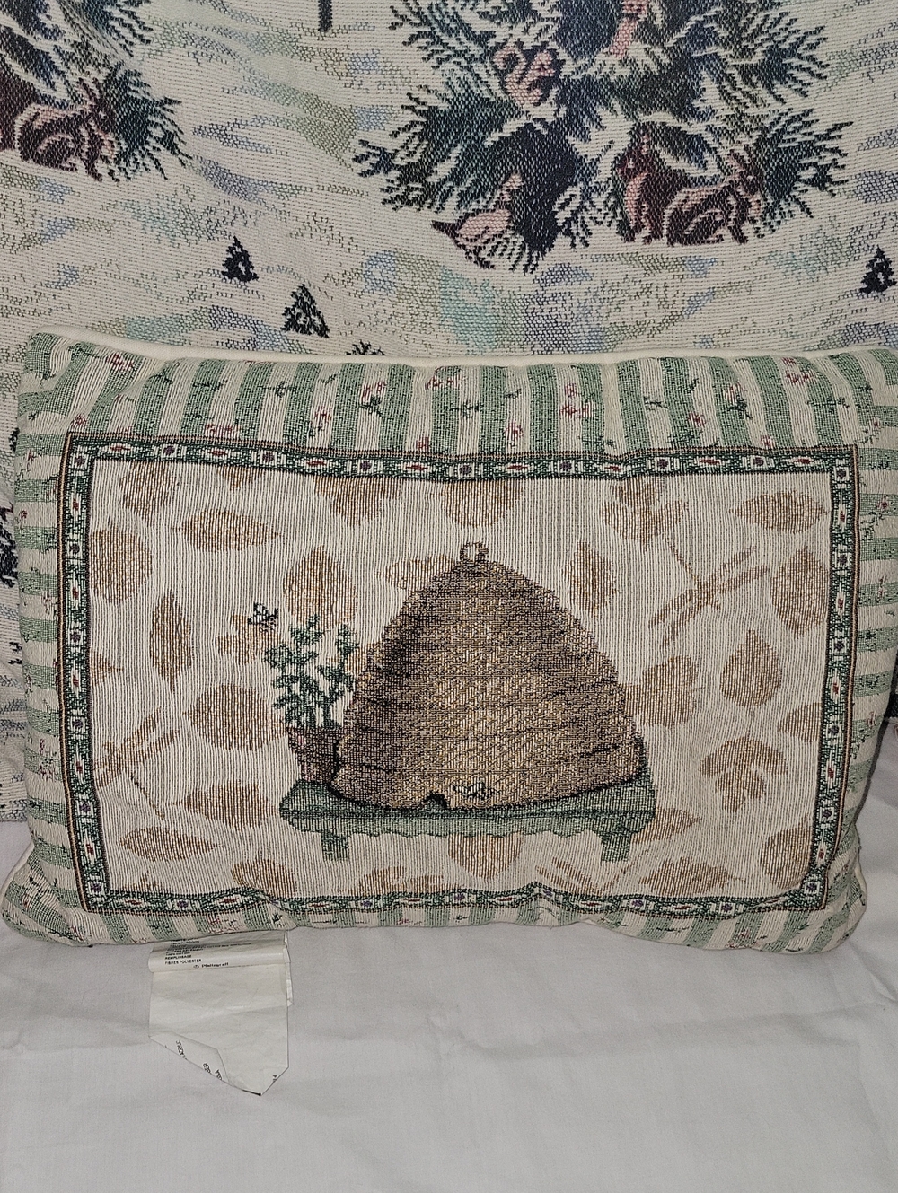 Pfaltzgraff Tapestry Pillow with Skep Beehive in Green and Beige Vintage 1997